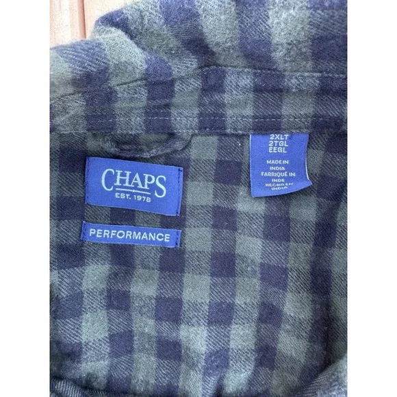 Chaps Flannel Shirt Mens 2XL‎ Dark Green Black Plaid Long Sleeve Pocket Logo - Picture 10 of 11